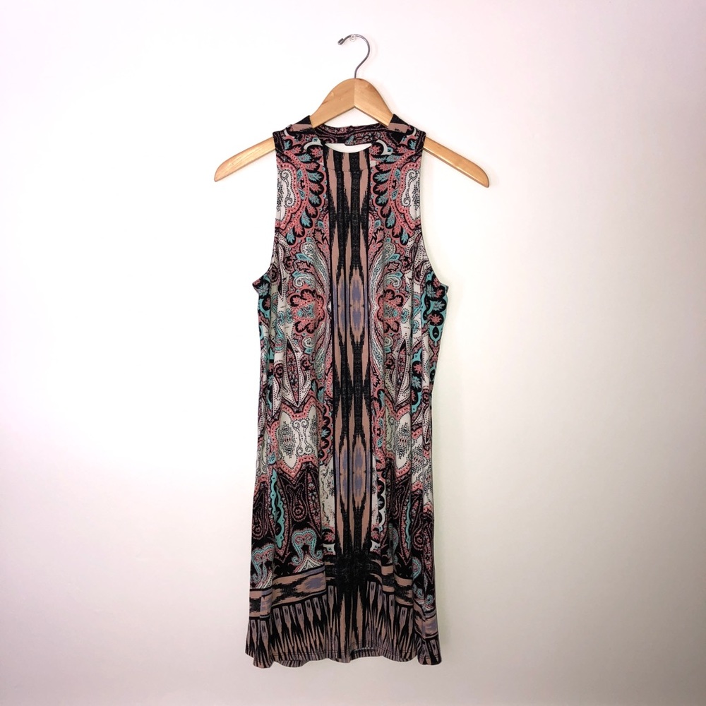 Patterned High Neck Dress w/Back Cut-Out